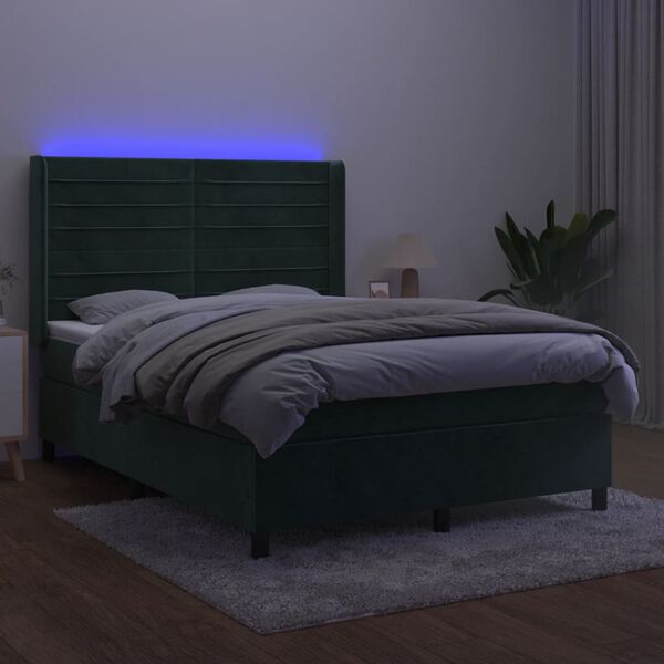 vidaXL Cama box spring colch&oacute;n y LED terciopelo verde oscuro 140x190cm