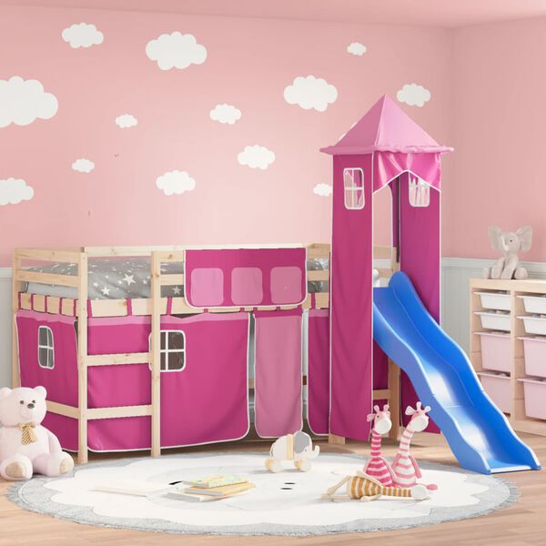 vidaXL Cama alta para ni&ntilde;os con torre madera pino rosa 80x200 cm