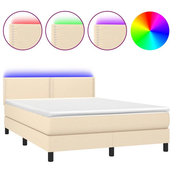vidaXL Cama box spring colch&oacute;n y luces LED tela crema 140x190 cm