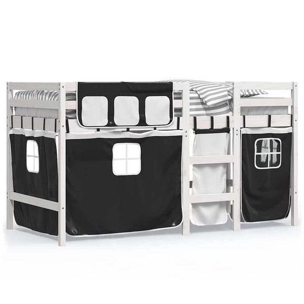 vidaXL Cama alta ni&ntilde;os con cortinas madera pino blanco negro 90x190 cm