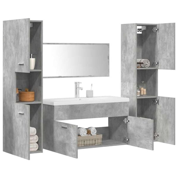 vidaXL Set muebles de ba&ntilde;o 5 piezas madera ingenier&iacute;a gris hormig&oacute;n