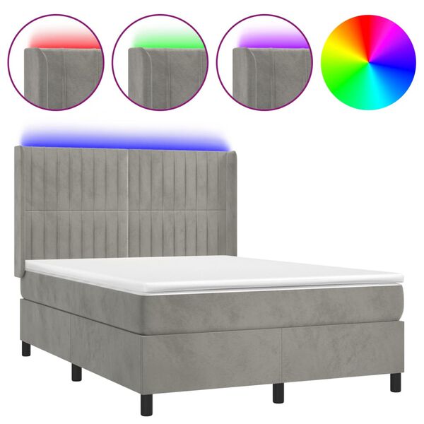 vidaXL Cama box spring colch&oacute;n y LED terciopelo gris claro 140x190 cm