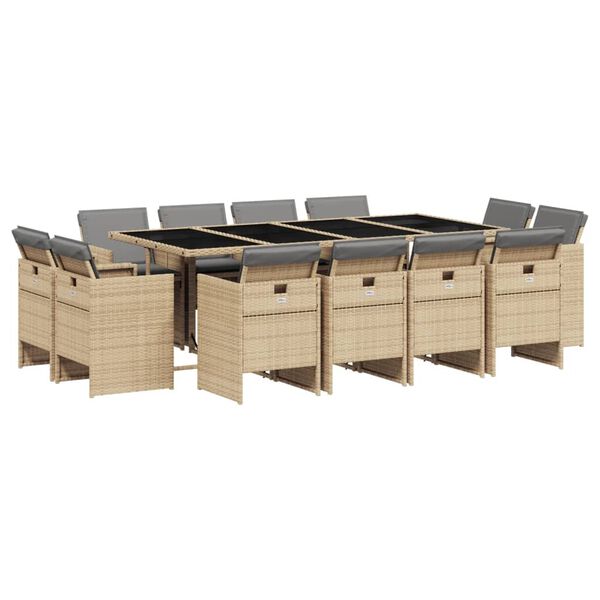 vidaXL Set comedor de jard&iacute;n con cojines 13 pzas rat&aacute;n sint&eacute;tico beige