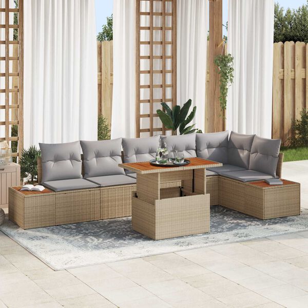 vidaXL Conjunto de sof&aacute; de jard&iacute;n 7 pcs Beige Polirat&aacute;n