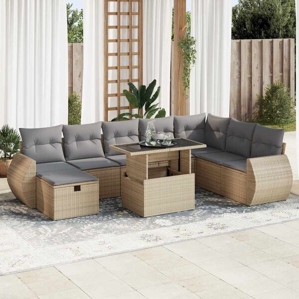vidaXL Set de sof&aacute;s de jard&iacute;n con cojines 9 pzas rat&aacute;n sint&eacute;tico beige