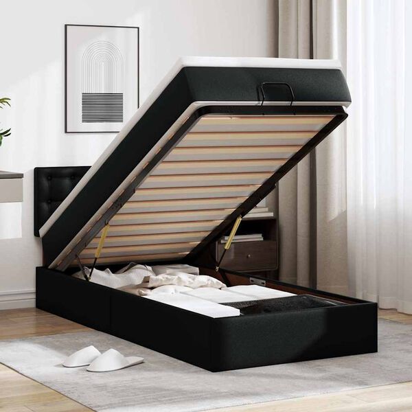 vidaXL Estructura cama otomana colch&oacute;n cuero sint&eacute;tico negro 90x200 cm