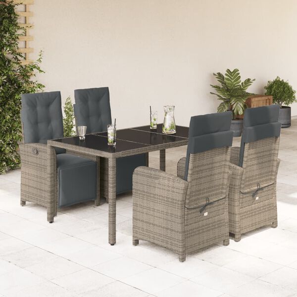 vidaXL Set comedor de jard&iacute;n 5 piezas con cojines rat&aacute;n sint&eacute;tico gris