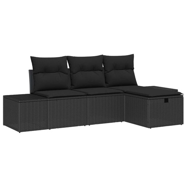 vidaXL Conjunto de sof&aacute; de jard&iacute;n con coj&iacute;n 4 pcs Negro Polirat&aacute;n