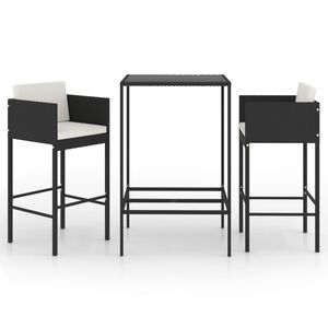 vidaXL Set muebles bar jardín 3 piezas y cojines ratán sintético negro