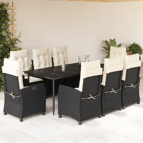 vidaXL Set de comedor de jard&iacute;n 9 pzas y cojines rat&aacute;n sint&eacute;tico negro