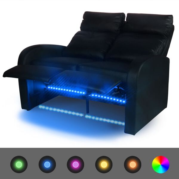 vidaXL Sill&oacute;n de 2 plazas con LED cuero sint&eacute;tico negro
