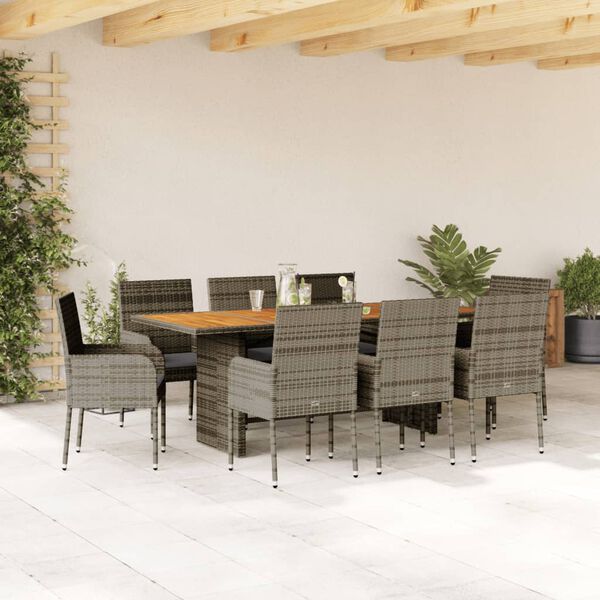 vidaXL Set comedor jard&iacute;n 9 pzas y cojines rat&aacute;n sint&eacute;tico gris