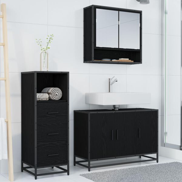 vidaXL Juego de muebles de ba&ntilde;o 3 pcs Roble Negro Madera de ingenier&iacute;a