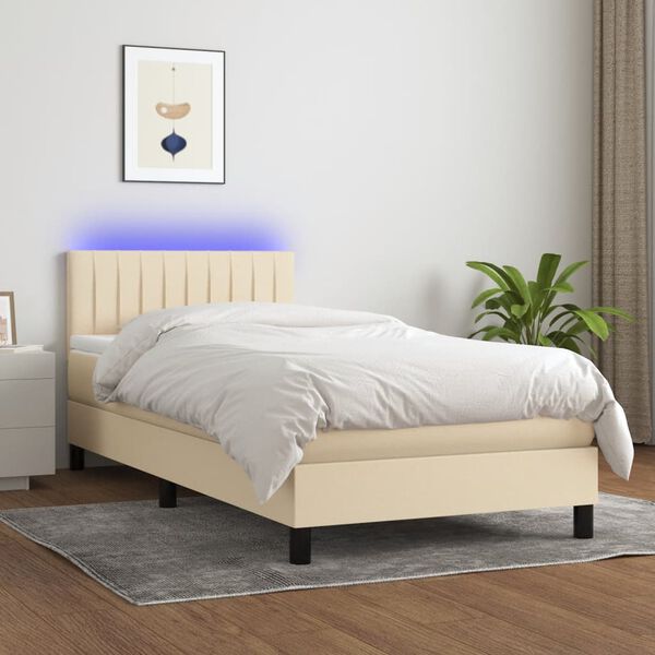 vidaXL Cama box spring colch&oacute;n y luces LED tela crema 90x200 cm