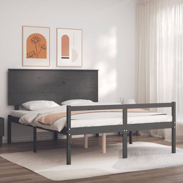 vidaXL Cama personas mayores cabecero madera maciza gris 160x200 cm