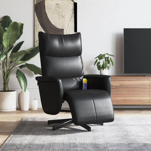 vidaXL Sill&oacute;n reclinable masaje con reposapi&eacute;s cuero sint&eacute;tico negro