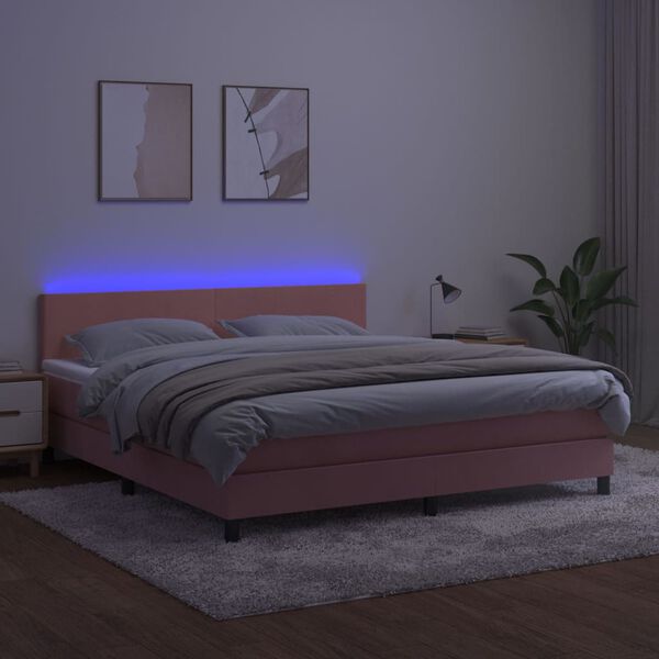 vidaXL Cama box spring colch&oacute;n y LED terciopelo rosa 160x200 cm