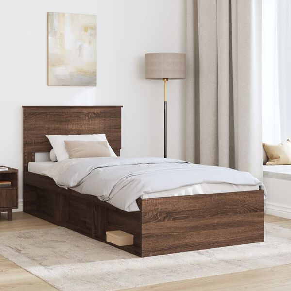 vidaXL Estructura de cama con cabecera Roble Marr&oacute;n 90 x 190 cm