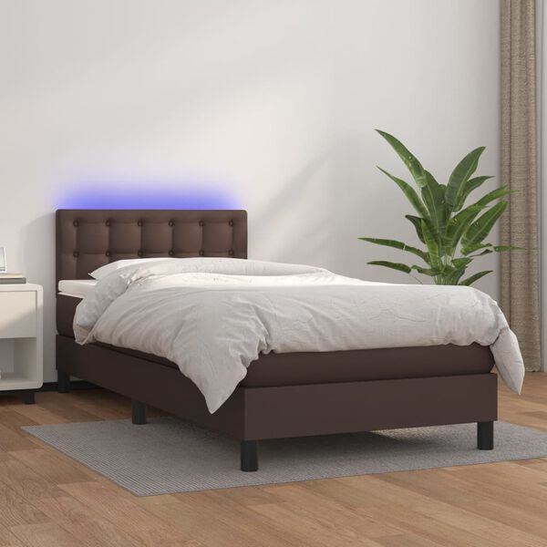 vidaXL Cama box spring y colch&oacute;n LED cuero sint&eacute;tico marr&oacute;n 90x190 cm