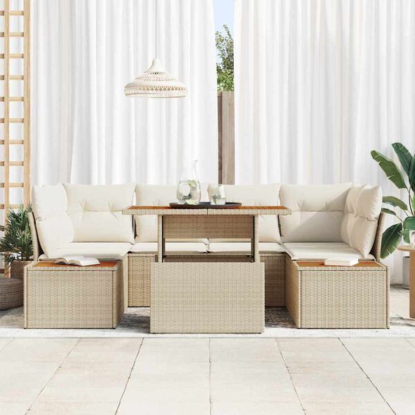 vidaXL Conjunto de sof&aacute; de jard&iacute;n 7 pcs Beige Polirat&aacute;n