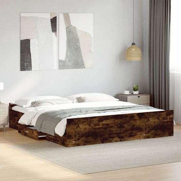 vidaXL Cama con cajones madera de ingenier&iacute;a roble ahumado 200x200 cm
