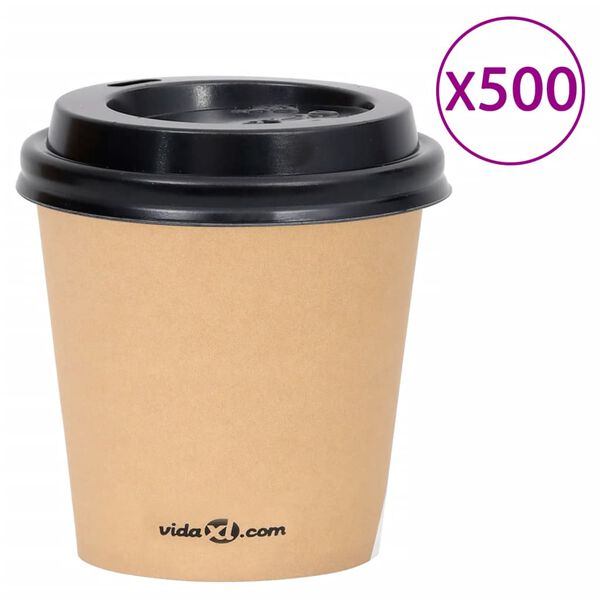 vidaXL Vasos de papel para caf&eacute; con tapas 500 uds marr&oacute;n 120 ml