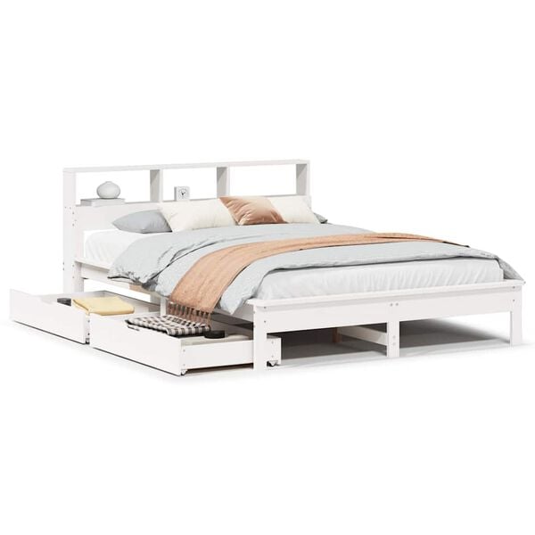 vidaXL Cama con estanter&iacute;a sin colch&oacute;n madera maciza blanca 135x190 cm