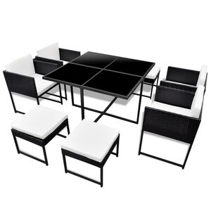 vidaXL Set comedor de jard&iacute;n 9 piezas y cojines rat&aacute;n sint&eacute;tico negro