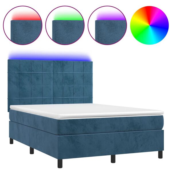 vidaXL Cama box spring colch&oacute;n y LED terciopelo azul oscuro 140x190 cm