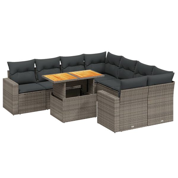 vidaXL Set de muebles de jard&iacute;n 9 pzas y cojines rat&aacute;n sint&eacute;tico gris