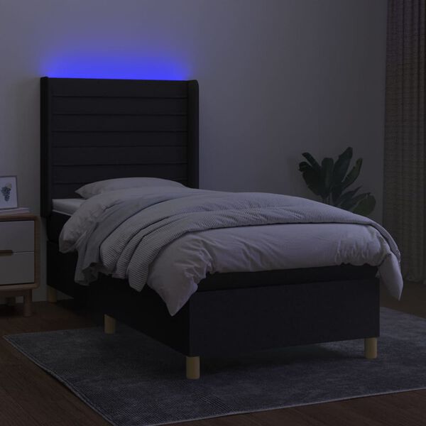vidaXL Cama box spring colch&oacute;n y luces LED tela negro 90x190 cm