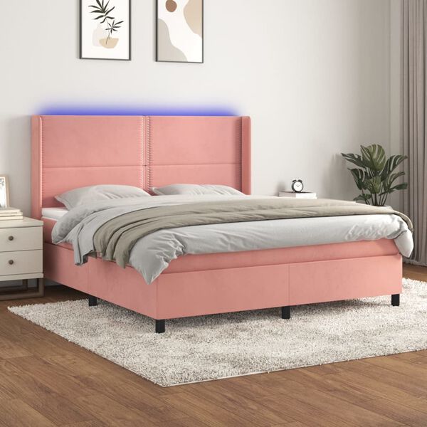vidaXL Cama box spring colch&oacute;n y LED terciopelo rosa 180x200 cm