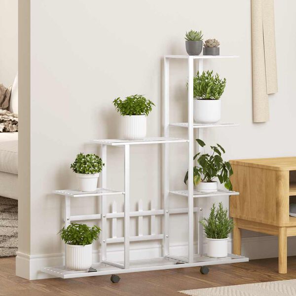 vidaXL Soporte de flores con rueda de metal blanco 94,5x25x92,5 cm