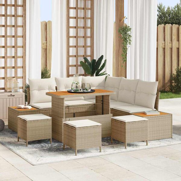 vidaXL Conjunto de sof&aacute;s de jard&iacute;n 9 pcs Beige rat&aacute;n sint&eacute;tico