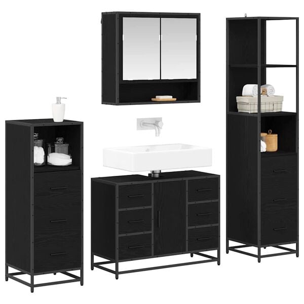 vidaXL Juego de muebles de ba&ntilde;o 4 pcs Roble Negro Madera de ingenier&iacute;a