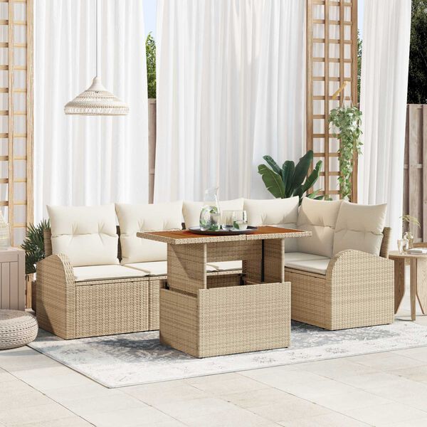 vidaXL Conjunto de sof&aacute; de jard&iacute;n 6 pcs Beige Polirat&aacute;n