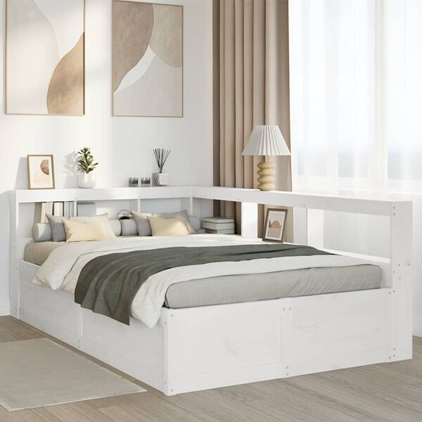 vidaXL Cama con estanter&iacute;a sin colch&oacute;n madera maciza blanca 135x190 cm