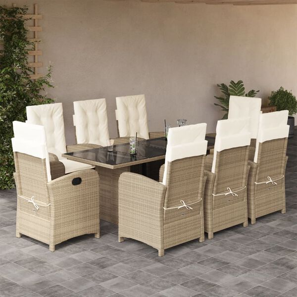 vidaXL Set comedor de jard&iacute;n 9 pzas con cojines rat&aacute;n sint&eacute;tico beige