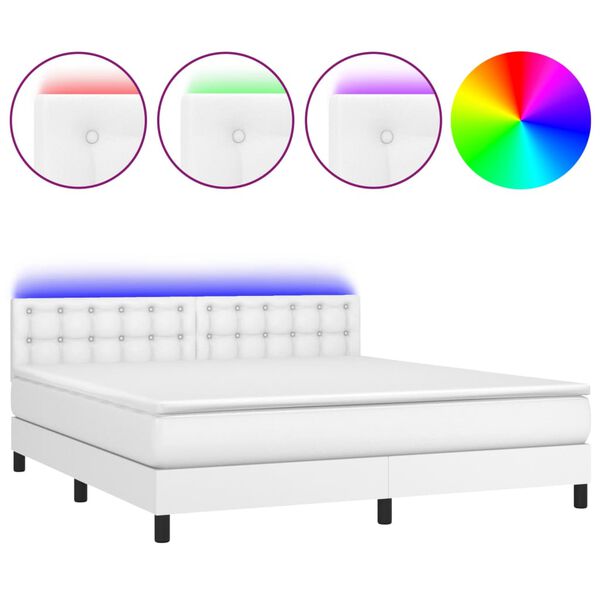 vidaXL Cama box spring colch&oacute;n y LED cuero sint&eacute;tico blanco 180x200 cm