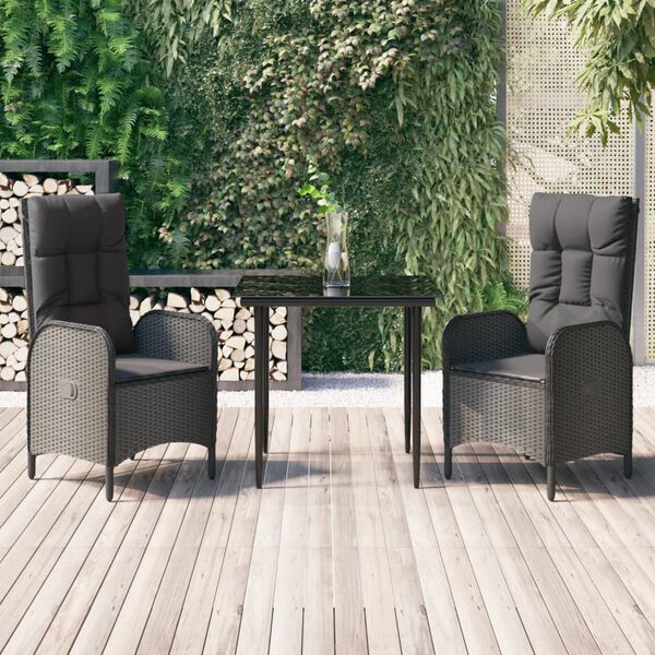vidaXL Set comedor de jard&iacute;n 3 pzas con cojines rat&aacute;n sint&eacute;tico negro