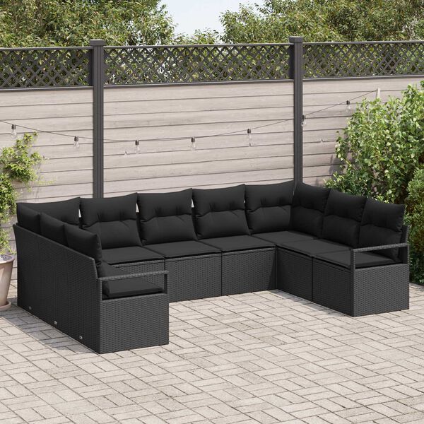 vidaXL Conjunto de sofá de jardín con cojín 9 pcs Negro