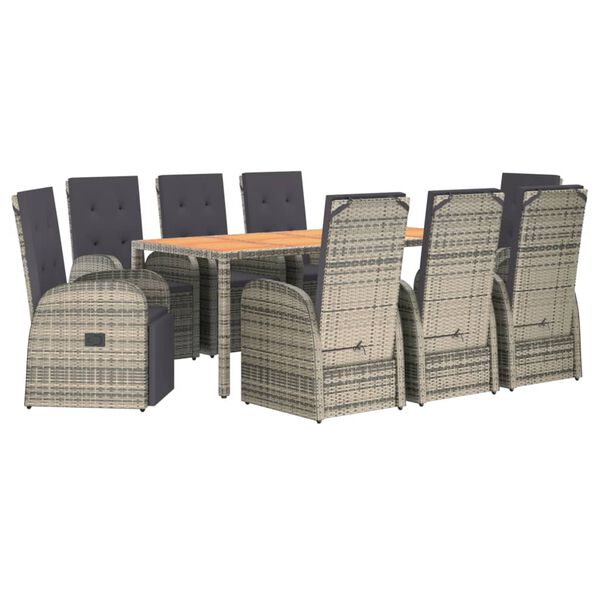 vidaXL Set comedor jard&iacute;n 9 pzas y cojines rat&aacute;n sint&eacute;tico gris