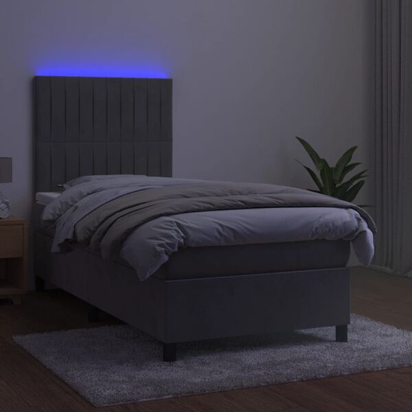 vidaXL Cama box spring colch&oacute;n y LED terciopelo gris claro 90x200 cm