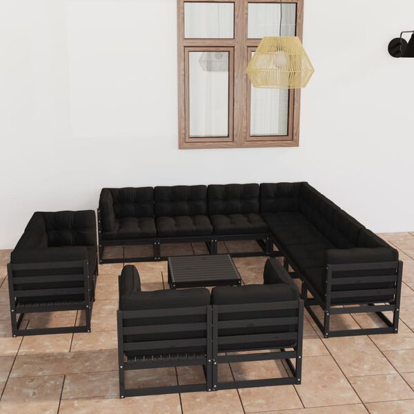 vidaXL Set de muebles de jard&iacute;n 12 pzas con cojines madera pino negro