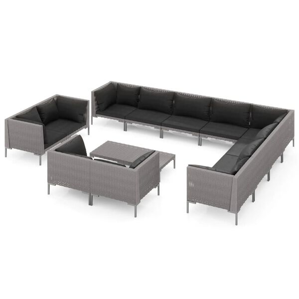 vidaXL Muebles de jard&iacute;n 13 pzas y cojines rat&aacute;n sint&eacute;tico gris oscuro