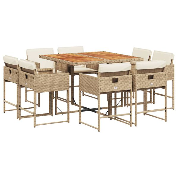 vidaXL Set comedor de jard&iacute;n 9 pzas con cojines rat&aacute;n sint&eacute;tico beige