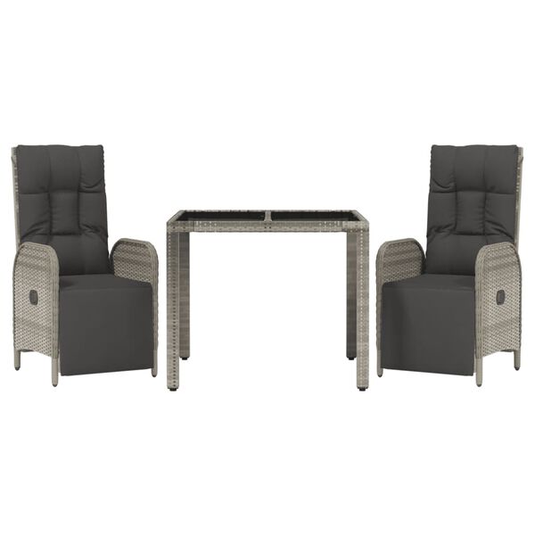 vidaXL Set comedor de jard&iacute;n 3 piezas con cojines rat&aacute;n sint&eacute;tico gris