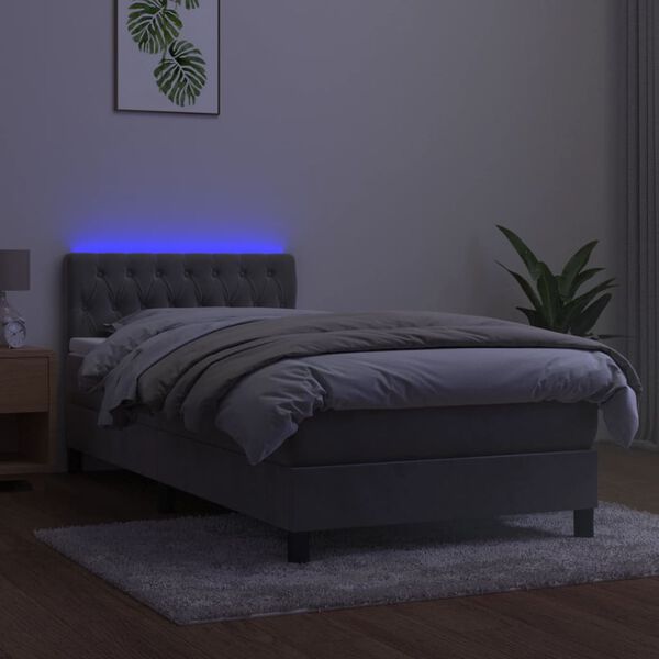 vidaXL Cama box spring colch&oacute;n y LED terciopelo gris claro 90x200 cm