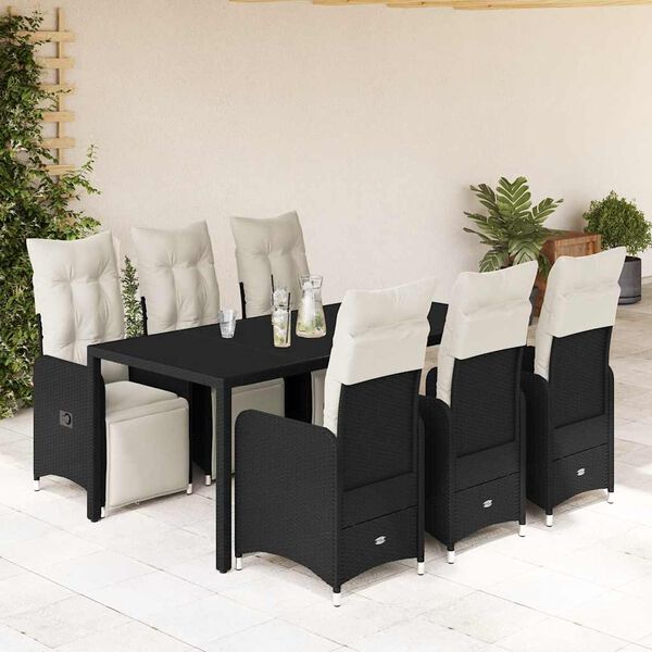 vidaXL Set de mesa y sillas de jard&iacute;n 7 pzas y cojines rat&aacute;n PE negro