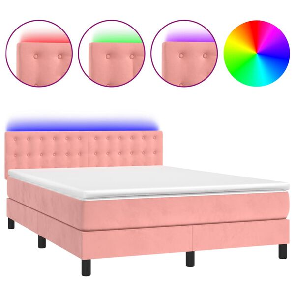 vidaXL Cama box spring colch&oacute;n y LED terciopelo rosa 140x200 cm
